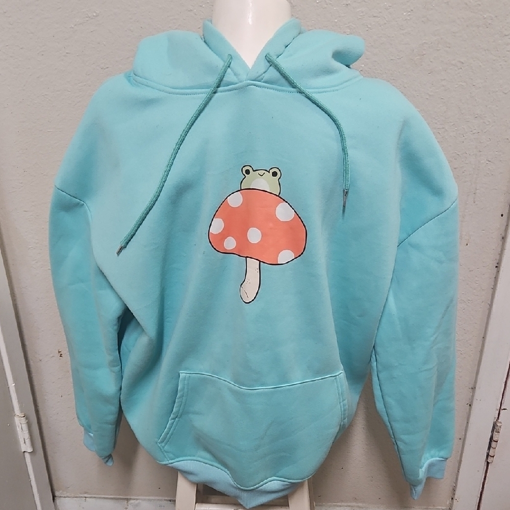 Aqua Hoodie with Frog and Mushroom Design